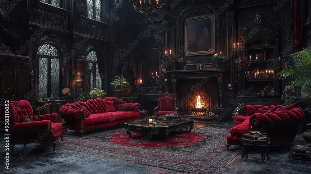 Fototapeta premium gothic vampires lair with ornate antique furniture and candlelit ambiance rich dark colors velvet textures and eerie shadows create a luxurious yet haunting atmosphere