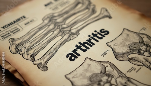 Close-up of aged medical chart depicting skeletal bones and arthritis