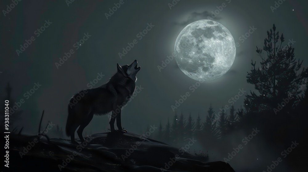 A lone wolf howls at the full moon in a dark forest. A lone wolf howls at the full moon in a dark forest.