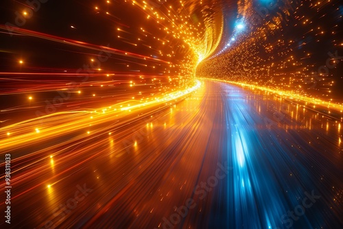 Light speed, light blue and yellow background, lines of bright lights flying in the center of composition photo