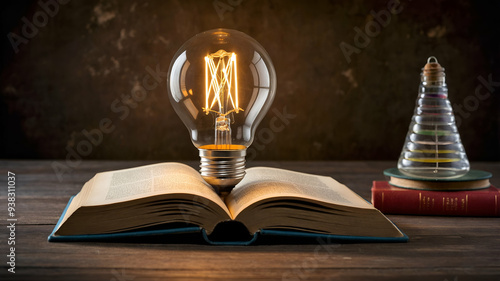 Photo Realistic as Book and Lightbulb concept as A book with a lightbulb next to it set against a whimsical background offering ample space for text or graphics symbolizing the spark of ideas and inno