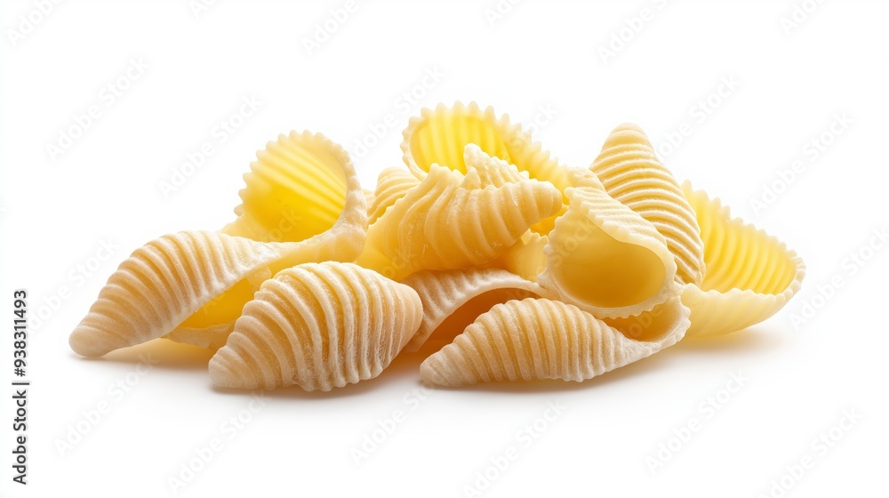 A close-up of a pile of raw, uncooked conchiglie pasta, isolated on a white background. A close-up of a pile of raw, uncooked conchiglie pasta, isolated on a white background.