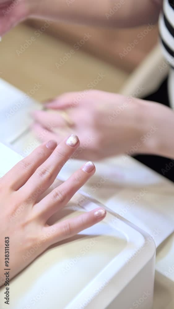 Vertical video of Nail care and manicure process with hands being groomed and polished. subject shows relaxed and focused expression. Vertical video of Nail care and manicure process with hands being groomed and polished. subject shows relaxed and focused expression.