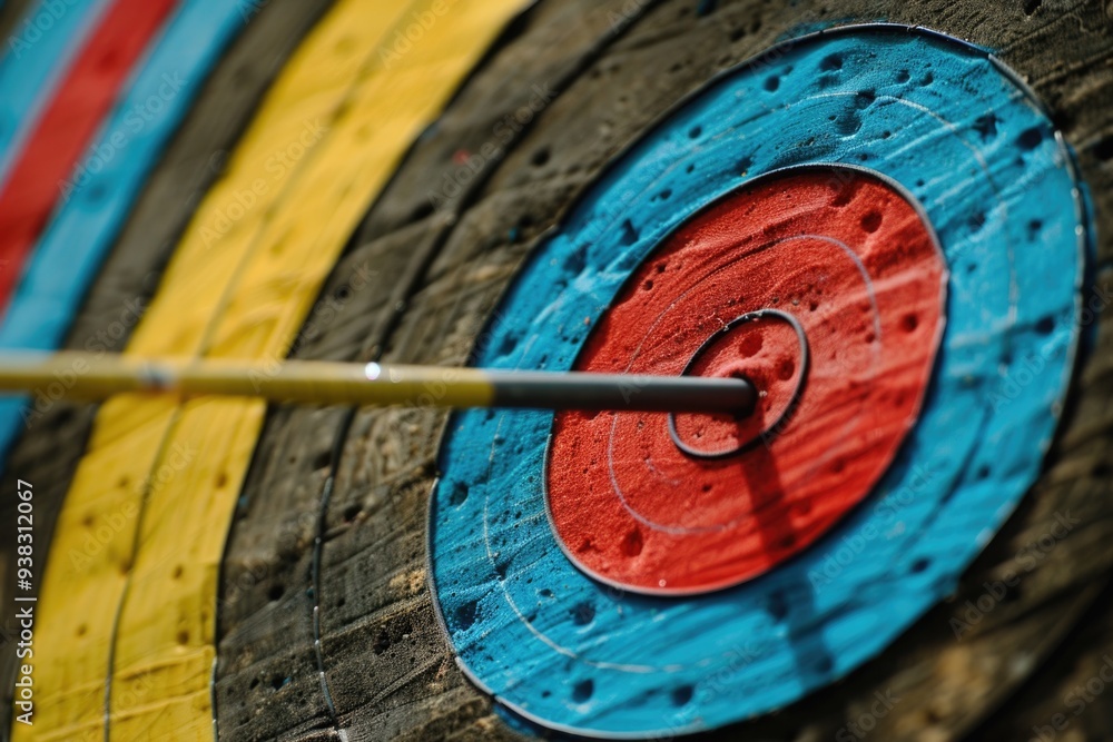 A close-up view of a target with a colorful design, featuring a sharp arrow pointing towards the center A close-up view of a target with a colorful design, featuring a sharp arrow pointing towards the center