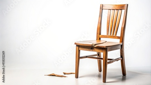 isolated furniture, damaged furniture, missing legs, unusable, isolated on white, A broken wooden chair with missing legs and a cracked seat placed on a white background and reflected photo