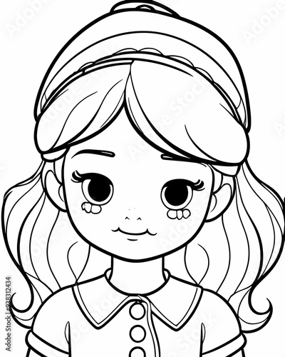 Black and White Cartoon Illustration of Cute Little Girl with Long Hair for Coloring Book