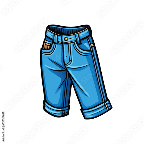 A detailed illustration of a pair of blue denim jeans folded in three sections, highlighting the pockets, seams, and belt loops.