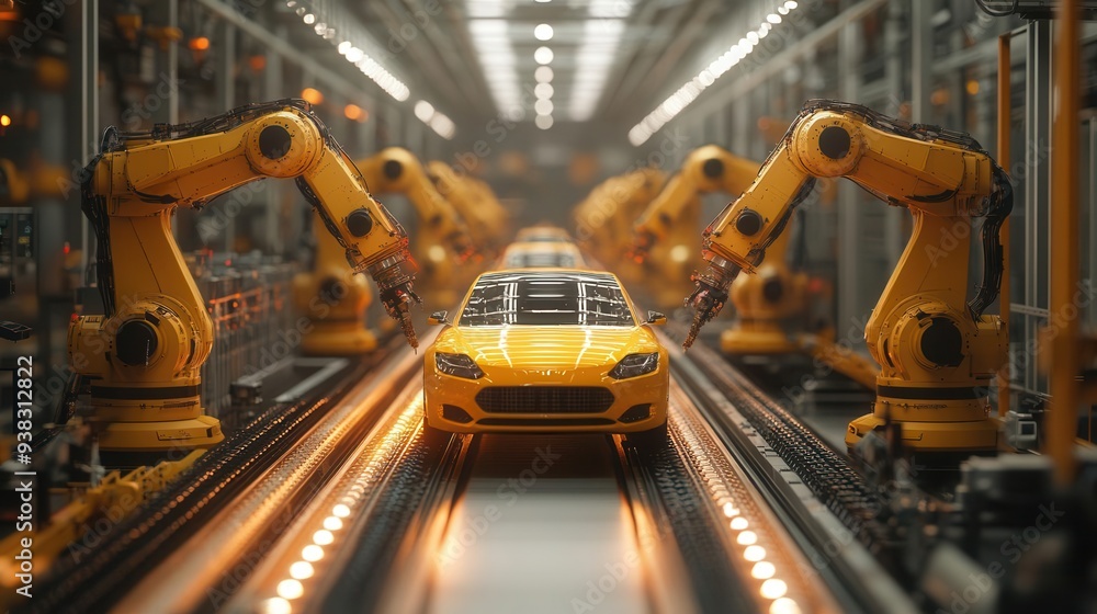 hightech automotive assembly line with robotic arms precisely constructing vehicles futuristic factory interior conveyor belts and stateoftheart manufacturing processes hightech automotive assembly line with robotic arms precisely constructing vehicles futuristic factory interior conveyor belts and stateoftheart manufacturing processes