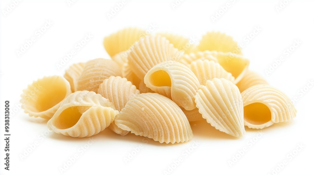 A close-up of a pile of uncooked conchiglie pasta on a white background. A close-up of a pile of uncooked conchiglie pasta on a white background.