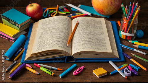 Photo Realistic as Open Book and School Supplies concept as An open book surrounded by school supplies set against a whimsical background offering ample space for text or graphics symbolizing the exci photo