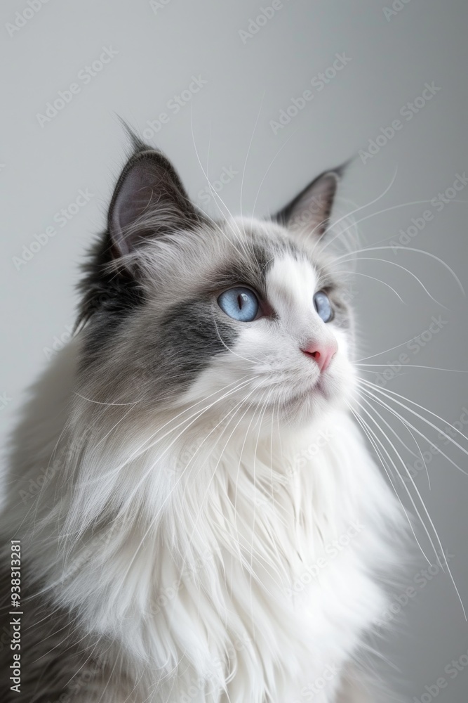 A domesticated feline with gray fur and striking blue eyes A domesticated feline with gray fur and striking blue eyes
