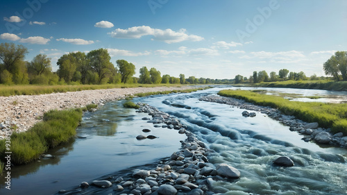 Photo Realistic as Pollution and Clean River concept as A view showing a polluted river and a clean river set against a whimsical background offering ample space for text or graphics symbolizing the e