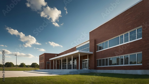 Photo Realistic as School Building and Graduation Stage concept as A whimsical school building with a graduation stage set against a dreamy background offering ample space for text or graphics symboli