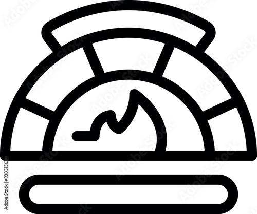 Traditional brick oven burning wood for baking bread and pizza, line icon design