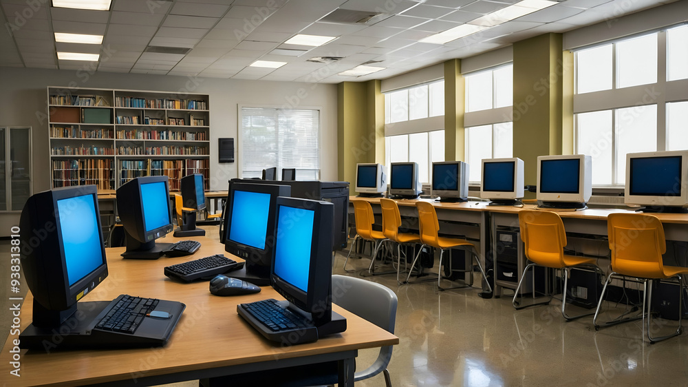 Photo Realistic as School Computer Lab and Laptop concept as A whimsical school computer lab with laptops set against a dreamy background offering ample space for text or graphics symbolizing the inte Photo Realistic as School Computer Lab and Laptop concept as A whimsical school computer lab with laptops set against a dreamy background offering ample space for text or graphics symbolizing the inte