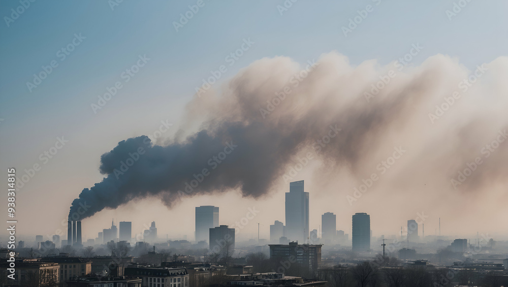 Photo Realistic as Urban Smog and Clear Skies concept as A view depicting urban smog and clear skies set against a dreamy background offering ample space for text or graphics symbolizing the effects o Photo Realistic as Urban Smog and Clear Skies concept as A view depicting urban smog and clear skies set against a dreamy background offering ample space for text or graphics symbolizing the effects o