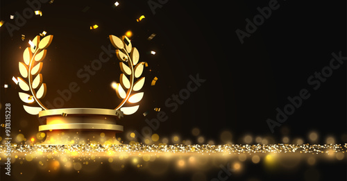 Award round podium with laurel wreath on dark background. Vector golden symbol of victory, achievement, success, rewarding of winner.