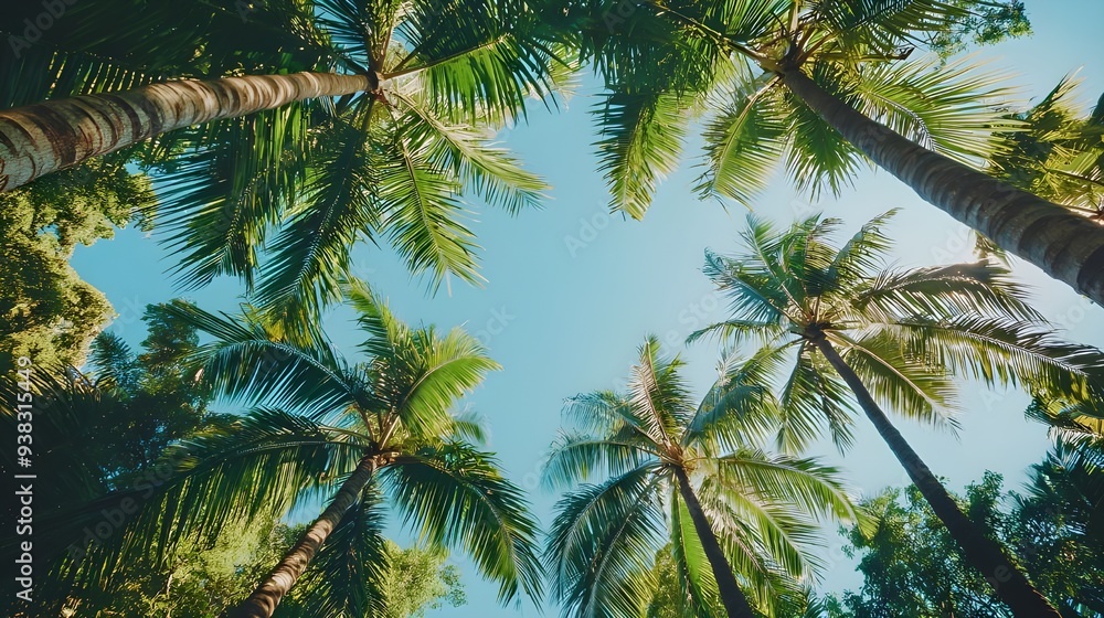 A breathtaking view of tall, lush palm trees with a clear blue sky as the backdrop, captured from below looking up. A breathtaking view of tall, lush palm trees with a clear blue sky as the backdrop, captured from below looking up.