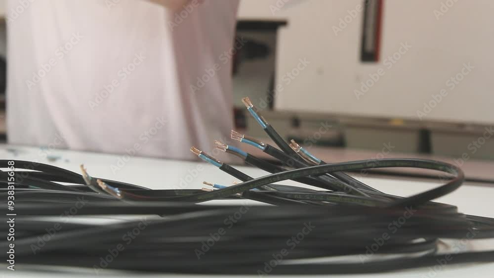Close-up of black electrical cables being cut and organized on a workbench, wiring preparation, detailed view of electrical work, cable management, DIY project, professional installation Close-up of black electrical cables being cut and organized on a workbench, wiring preparation, detailed view of electrical work, cable management, DIY project, professional installation