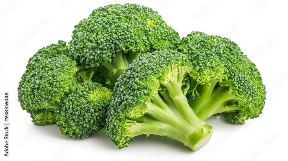 Close-up of fresh broccoli florets on a white background. Close-up of fresh broccoli florets on a white background.