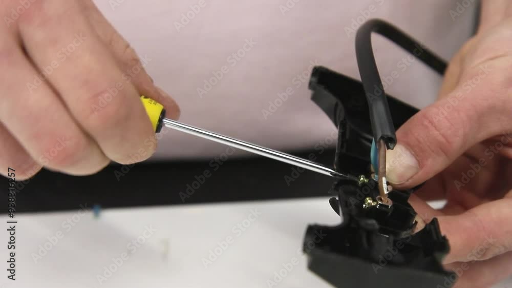 Close-up assembly of a black electrical plug, step-by-step guide, DIY electrical work, wiring installation, detailed tutorial on plug assembly Close-up assembly of a black electrical plug, step-by-step guide, DIY electrical work, wiring installation, detailed tutorial on plug assembly