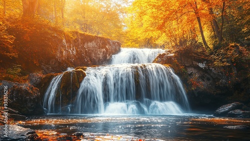 Amazing in nature, beautiful waterfall at colorful autumn forest in fall season