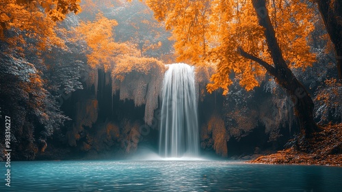 Amazing in nature, beautiful waterfall at colorful autumn forest in fall season