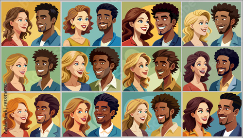 Diverse  Portraits set  portraits of interracial couples smiling Each square features different pairs of individuals with different hairstyles and expressions, emphasizing joy and connection.