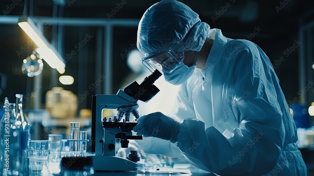Laboratory research, scientist using microscope to checking gene or DNA for develop vaccine or pharmaceutical product Laboratory research, scientist using microscope to checking gene or DNA for develop vaccine or pharmaceutical product