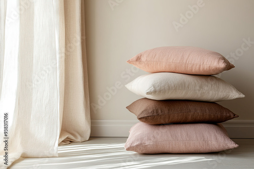 A stack of four linen pillows in various shades of pink, brown, and cream sits on the floor against a plain wall, with soft sunlight filtering through the curtains. photo