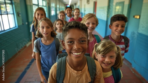 A group of young students is walking along the corridor. In the foreground, an African American man smiles at the camera. The corridor is designed in blue colors.