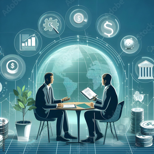 2D minimalize vector as Financial advisor using AI tools for stock market analysis concept as A vector illustration of a financial advisor using AI tools on a computer for stock market analysis highli photo