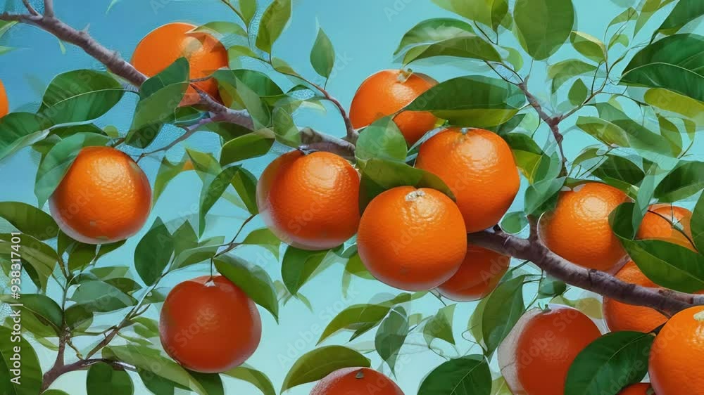 Citrus harvest. Ripe oranges on a branch against a bright sky in an orange orchard. Citrus harvest. Ripe oranges on a branch against a bright sky in an orange orchard.