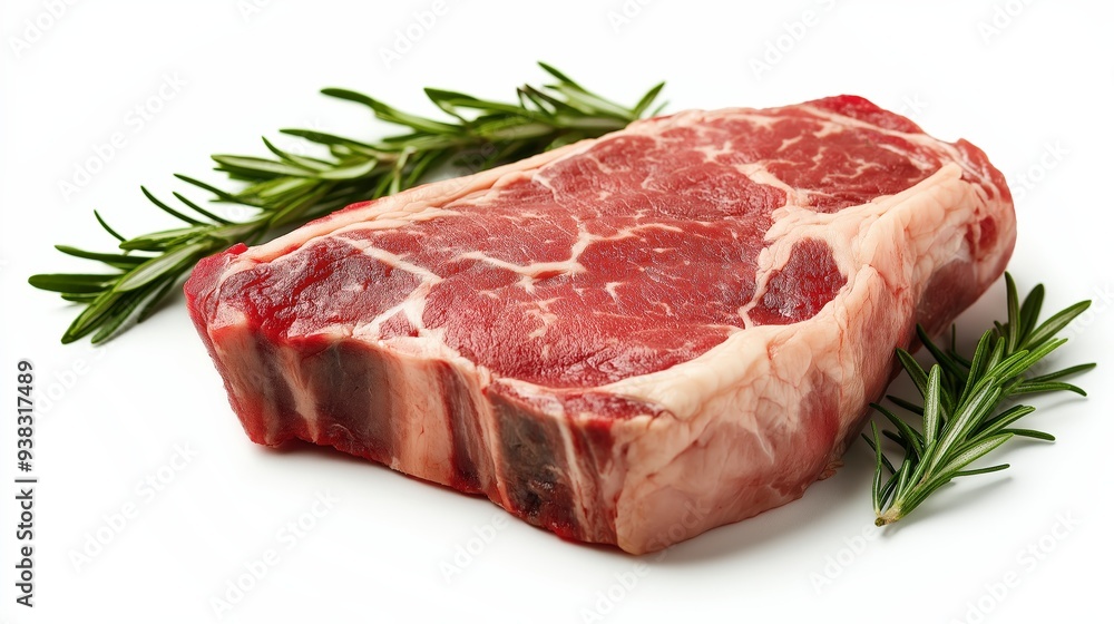 Obraz premium Raw ribeye beef steak with fresh rosemary sprigs isolated on a white background.