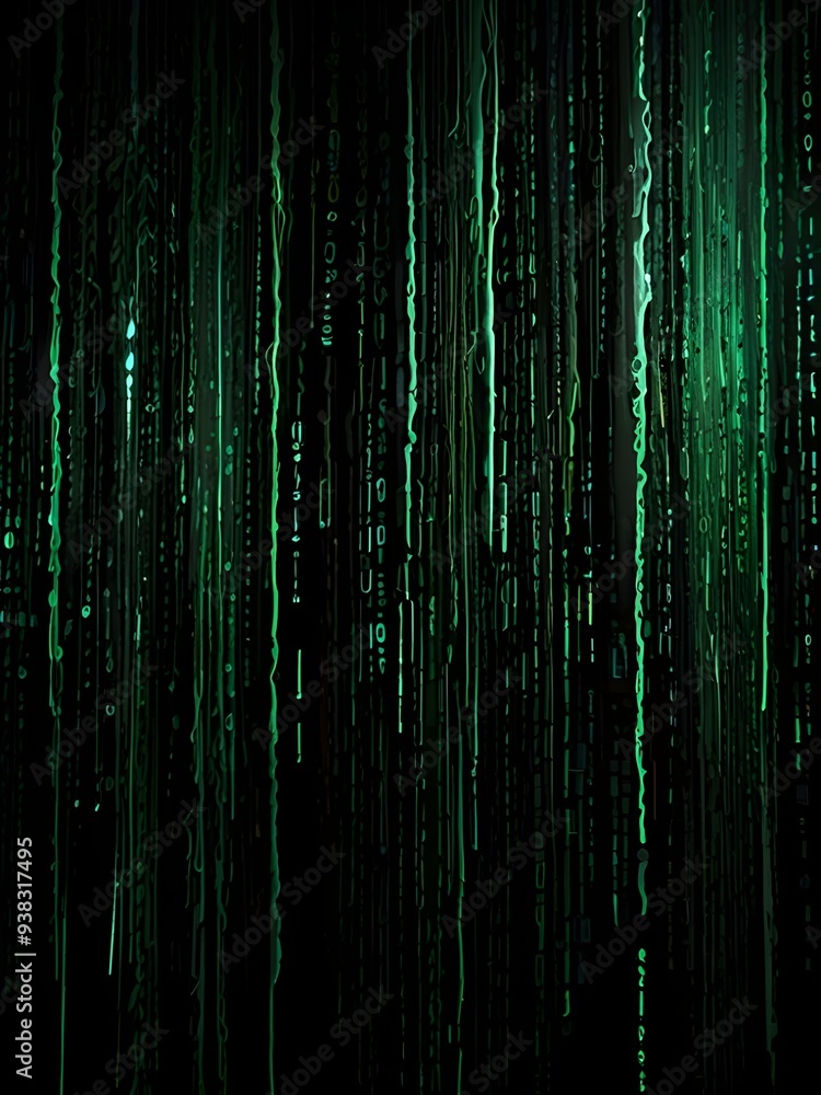 A mesmerizing cascade of luminescent green data streams flows downward in a shimmering curtain, suspended against a rich, inky black background, evoking a sense of futuristic intensity A mesmerizing cascade of luminescent green data streams flows downward in a shimmering curtain, suspended against a rich, inky black background, evoking a sense of futuristic intensity