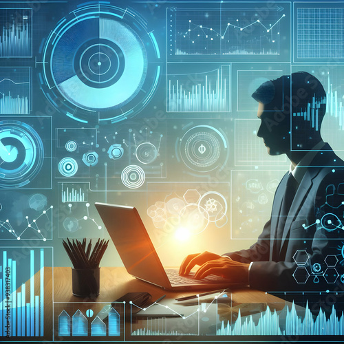 2D minimalize vector as Financial analyst working with financial graphs and charts concept as A vector illustration of a financial analyst working on a laptop with financial graphs and charts showcasi photo