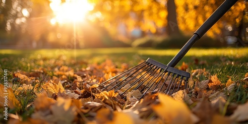 Person Raking Colorful Fallen Leaves in a Sunny Backyard
