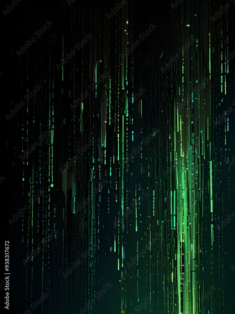 A mesmerizing cascade of luminescent green data streams flows downward in a shimmering curtain, suspended against a rich, inky black background, evoking a sense of futuristic intensity A mesmerizing cascade of luminescent green data streams flows downward in a shimmering curtain, suspended against a rich, inky black background, evoking a sense of futuristic intensity