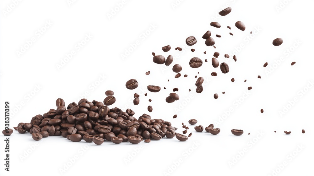Roasted coffee beans falling and landing on a white background. Roasted coffee beans falling and landing on a white background.