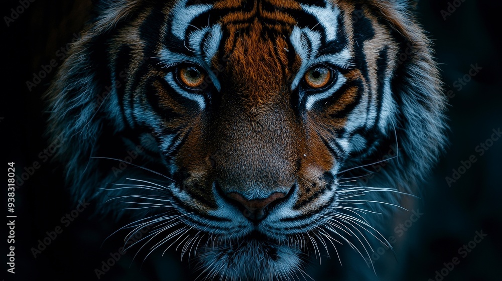 Fototapeta premium Close-up of a tiger's face with intense golden eyes and sharp whiskers.