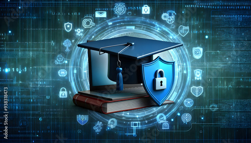 2D vector as Cyber security training icon with a graduation cap and shield concept as Vector illustration of a cyber security training icon with a graduation cap and shield highlighting the importance