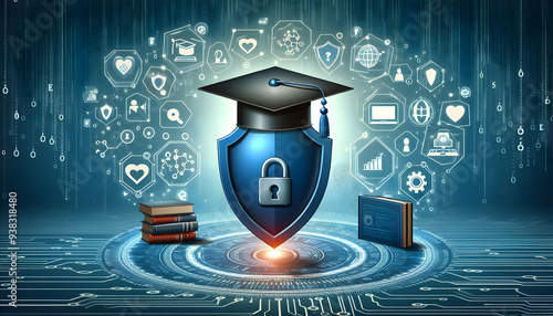 2D vector as Cyber security training icon with a graduation cap and shield concept as Vector illustration of a cyber security training icon with a graduation cap and shield highlighting the importance photo