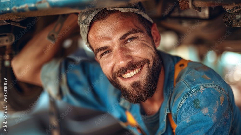 Smiling auto repair technician in a workshop focused on repairing a car with advanced equipment, capturing a moment of dedication and friendliness in the automotive industry. Smiling auto repair technician in a workshop focused on repairing a car with advanced equipment, capturing a moment of dedication and friendliness in the automotive industry.