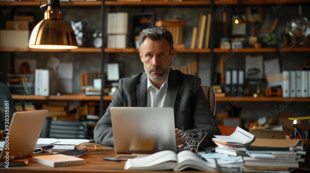 A confused mature man using a laptop at his desk in a well-organized office, demonstrating the combination of business and technology with an emphasis on modern working life. A confused mature man using a laptop at his desk in a well-organized office, demonstrating the combination of business and technology with an emphasis on modern working life.