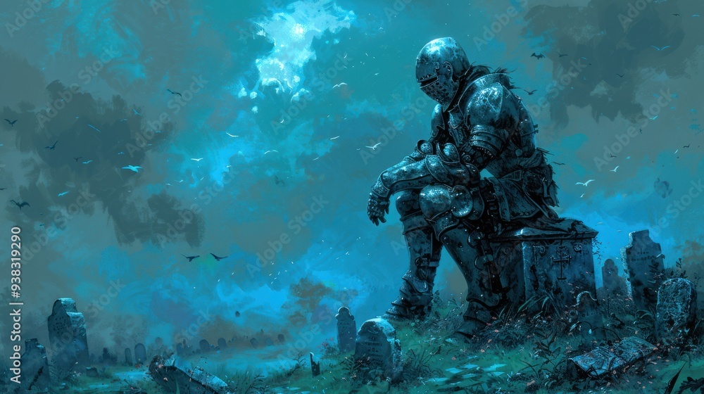 A soldier in armor sits on a moss-covered tombstone in an old cemetery surrounded by ancient tombstones, representing the essence of past battles and enduring strength. A soldier in armor sits on a moss-covered tombstone in an old cemetery surrounded by ancient tombstones, representing the essence of past battles and enduring strength.