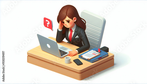 3d Flat icon as Businesswoman looking at a declining stock market chart appearing worried concept as A businesswoman in a suit looking at a declining stock market chart on her computer screen appearin photo