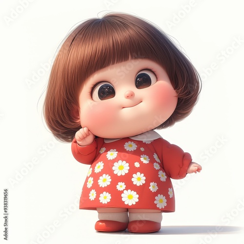 Adorable 3D cartoon girl with big eyes and a sweet smile in a red dress with white flowers.