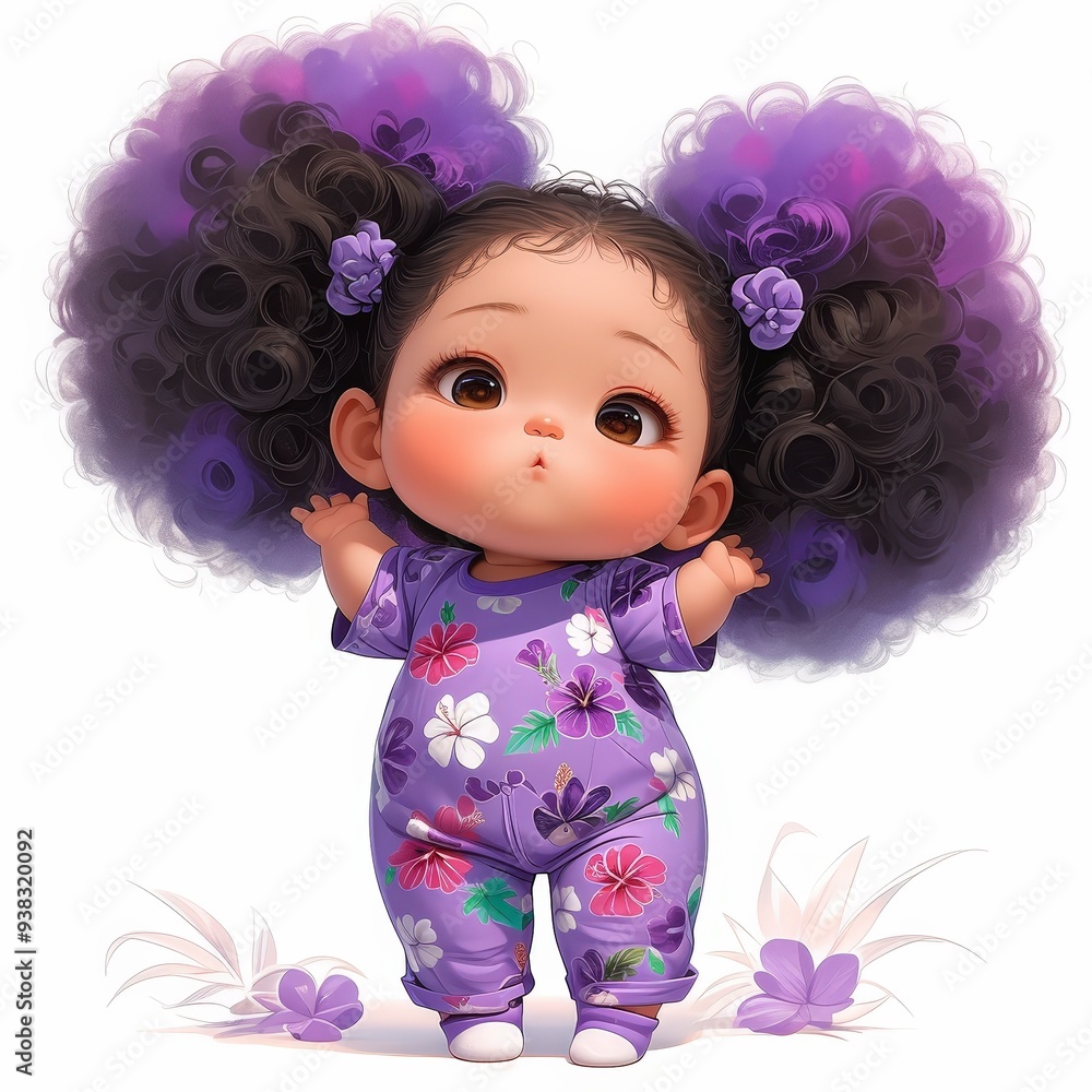 Fototapeta premium Adorable 3D illustration of a cute baby girl character with large purple afro puffs and a floral onesie isolated on a white background.