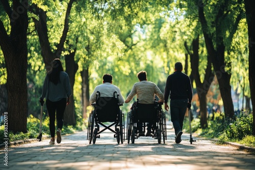 An inclusive outdoor gathering in the park: people pushing a wheelchair-bound friend