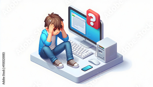 3d Flat icon as Developer looking at a failed software update appearing stressed concept as A developer in casual attire looking at a failed software update on his computer appearing stressed and disa